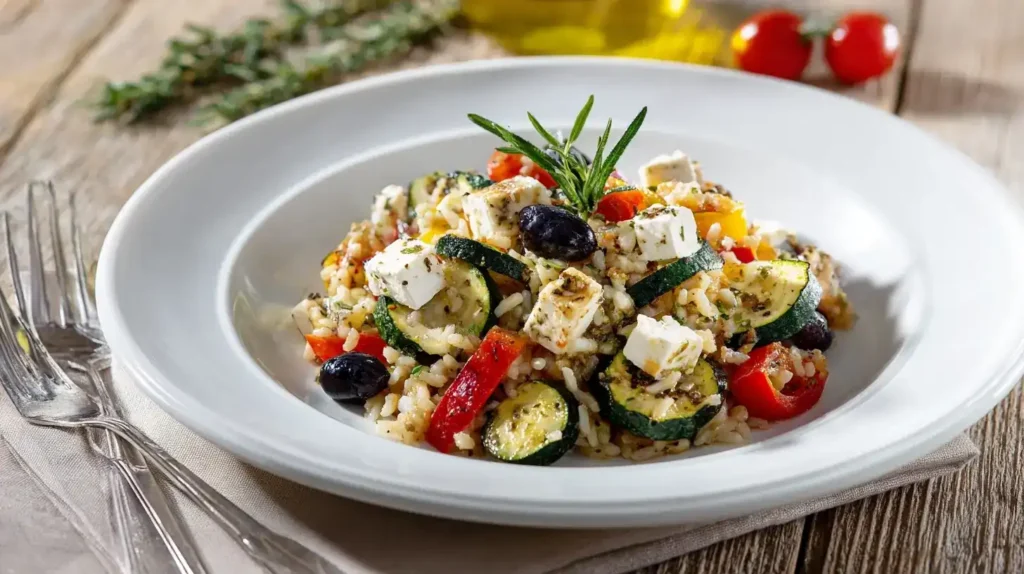 Zucchini-Reis mit Feta und Oliven Zucchini-Reis mit Feta und Oliven auf weißem Teller, mediterranes Gericht, bunt und frisch