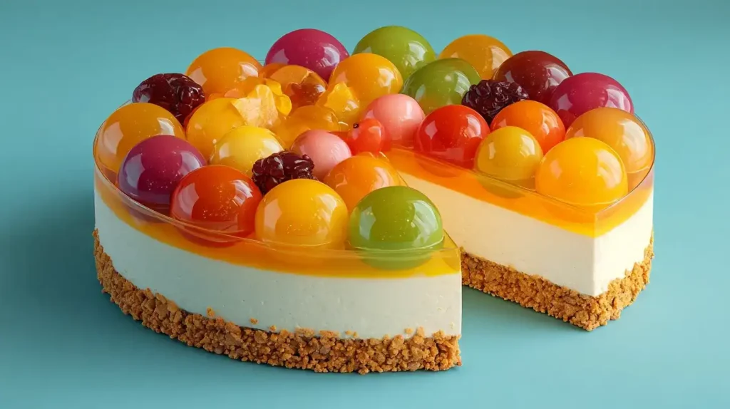 Frischkäsetorte mit Wackelpudding Frischkäsetorte mit bunten Wackelpudding-Halbkugeln und knusprigem Keksboden