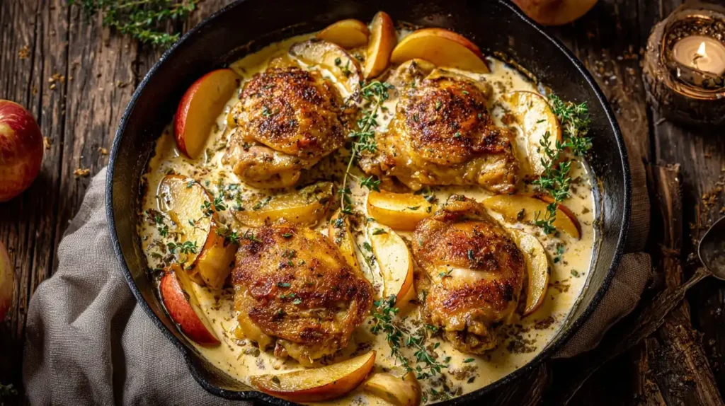 Geschmorte Hähnchenkeulen mit Apfel Geschmorte Hähnchenkeulen mit Apfel in cremiger Sauce