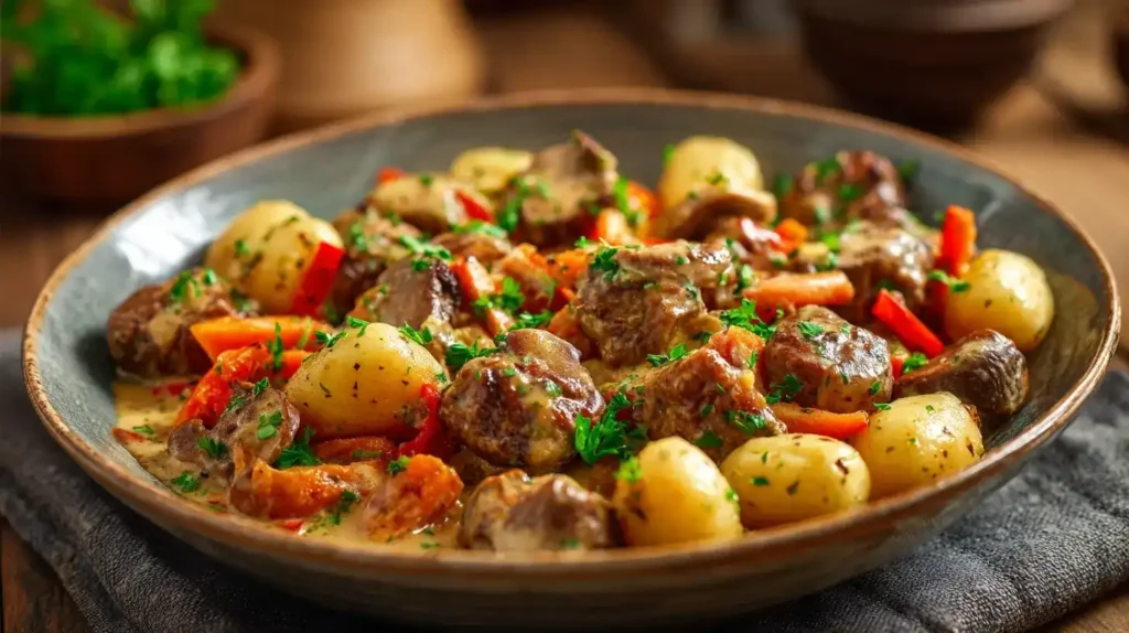 Gnocchi-Hackfleisch-Eintopf Servierter Gnocchi-Hackfleisch-Eintopf mit Gemüse und cremiger Sauce