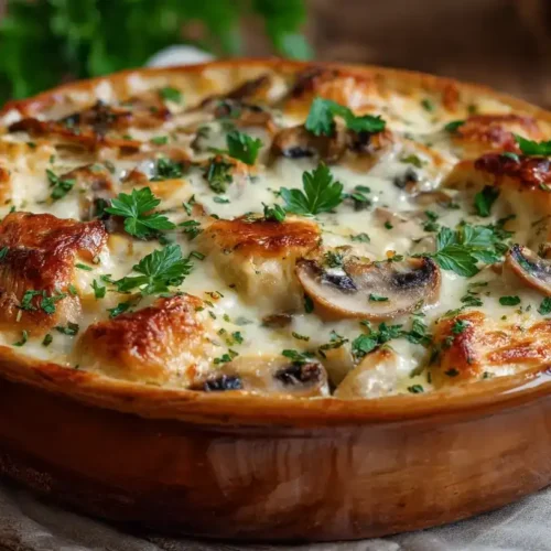 Hähnchen-Champignon-Gratin frisch aus dem Ofen, goldbraun überbacken