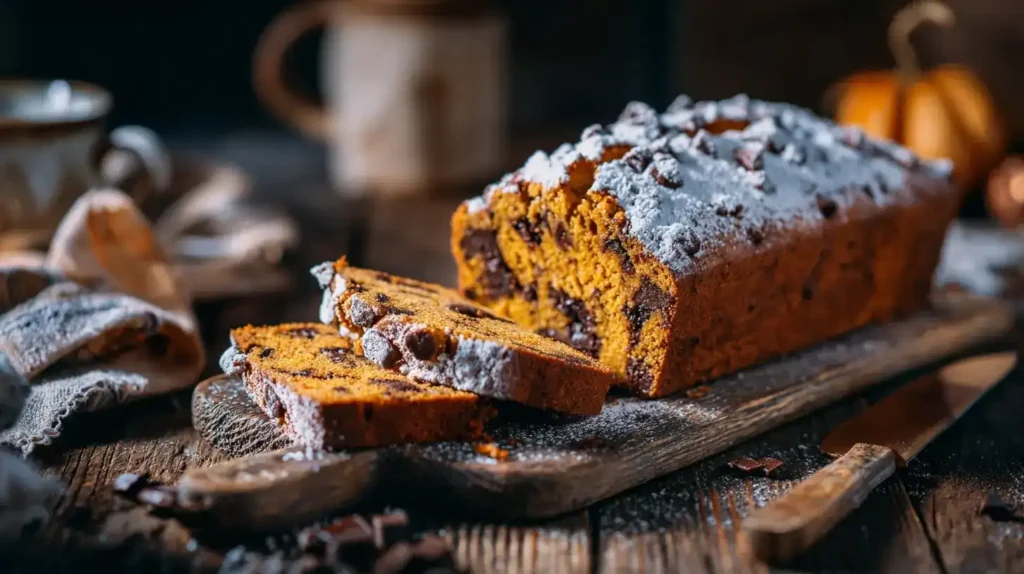 Kürbis-Schokokuchen Saftiger Kürbis-Schokokuchen im Ganzen auf Holztisch