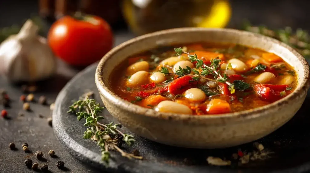 Zutaten für mediterranen Bohneneintopf: Karotten, Sellerie, Paprika, weiße Bohnen, frischer Thymian und Zitrone