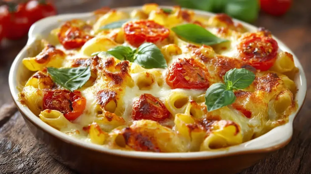 Ofen-Nudeln mit Mozzarella Ofen-Nudeln mit Mozzarella frisch aus dem Ofen, überbacken mit goldbraunem Käse und Basilikum.