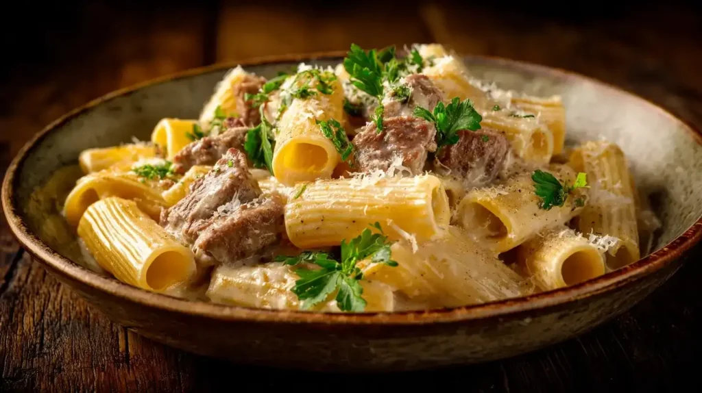 Pasta mit Parmesan-Rindfleisch-Soße Cremige Pasta mit Parmesan-Rindfleisch-Soße serviert auf einem Teller mit frischer Petersilie und geriebenem Parmesan.