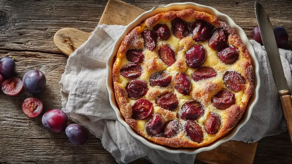 Ein Stück Pflaumen-Puddingkuchen mit Streuseln auf Teller
