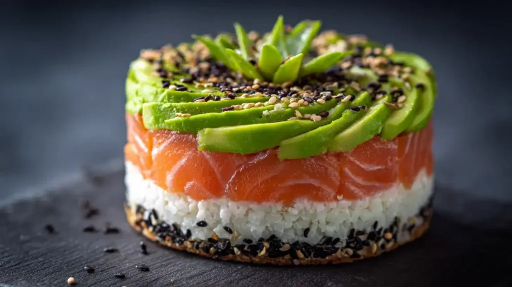 Sushi-Torte: Ein kreativer Sushi-Klassiker in Kuchenform Sushi-Torte mit frischem Lachs, Avocado und Wasabi-Mayonnaise, dekoriert mit Sesam