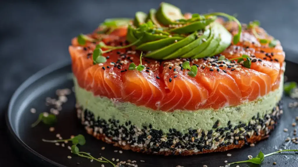 Nahaufnahme der Sushi-Torte mit Schichten aus Sushi-Reis, Avocado und Lachs