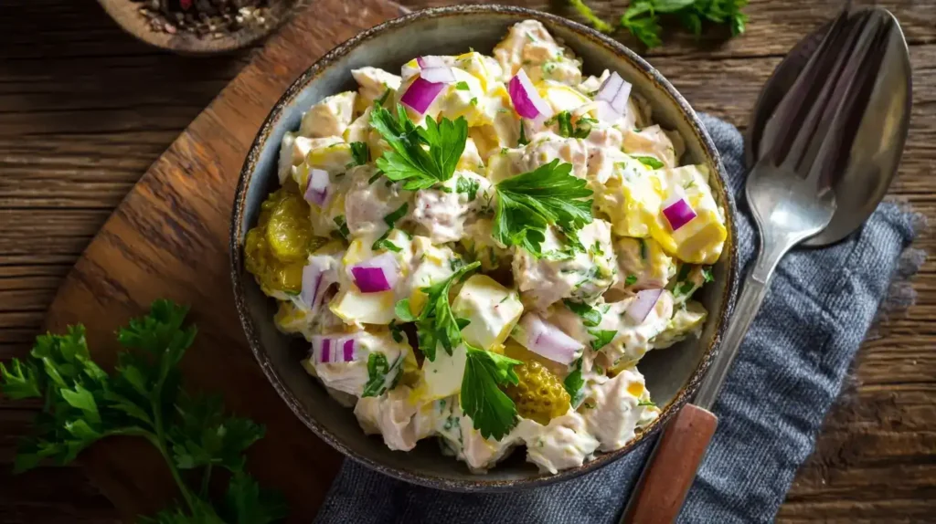 Thunfisch-Eiersalat Cremiger Thunfisch-Eiersalat auf frischem Brot serviert