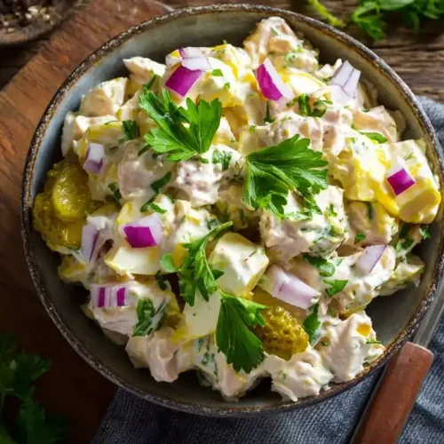 Cremiger Thunfisch-Eiersalat auf frischem Brot serviert