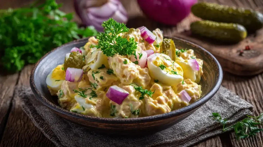 Thunfisch-Eiersalat in einer Schüssel mit Gurken und Zwiebeln