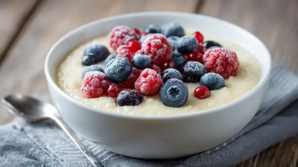 Vanillepudding-Haferflocken – das schnelle Wohlfühlfrühstück Cremige Vanillepudding-Haferflocken mit Beeren im Schälchen