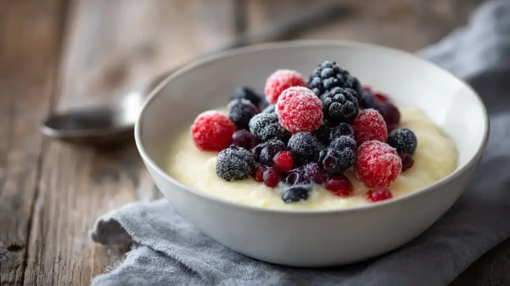 Vanillepudding-Haferflocken serviert mit gefrorenen Beeren
